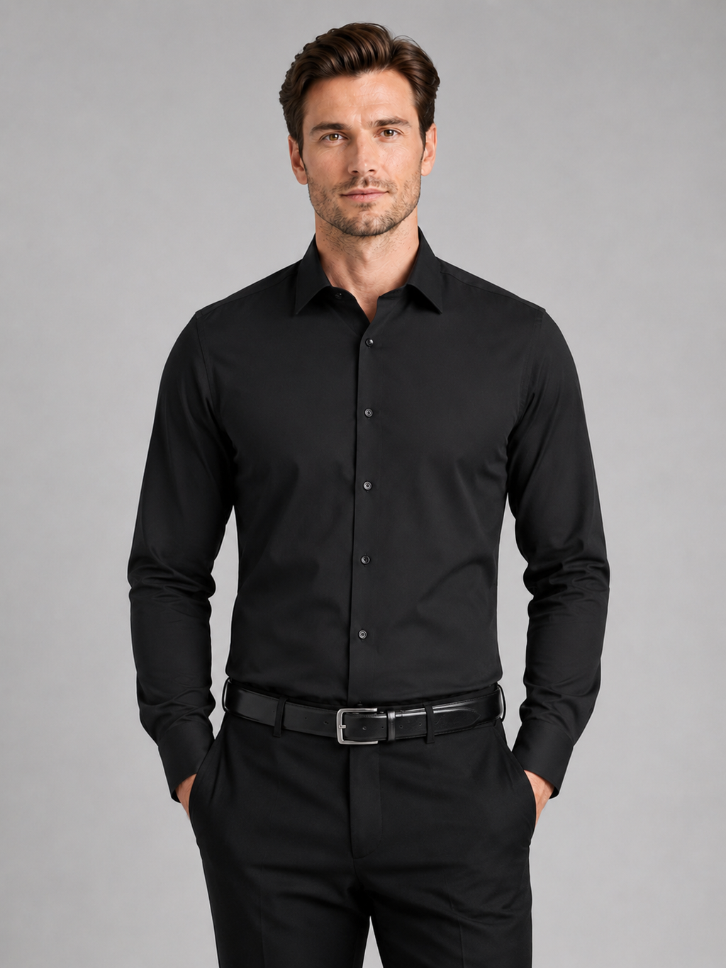 Men wearing black button down shirt long sleeve non iron stretch business casual office style