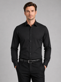 Men wearing black button down shirt long sleeve non iron stretch business casual office style