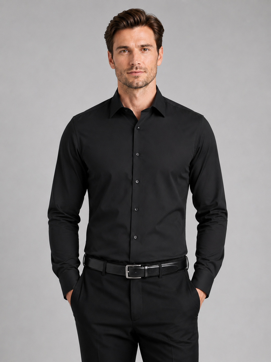 Men wearing black button down shirt long sleeve non iron stretch business casual office style