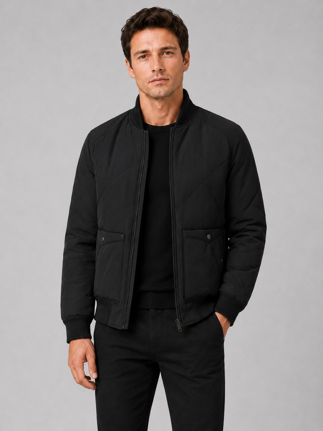 Men wearing black padded baseball jacket cotton warm fall winter casual style