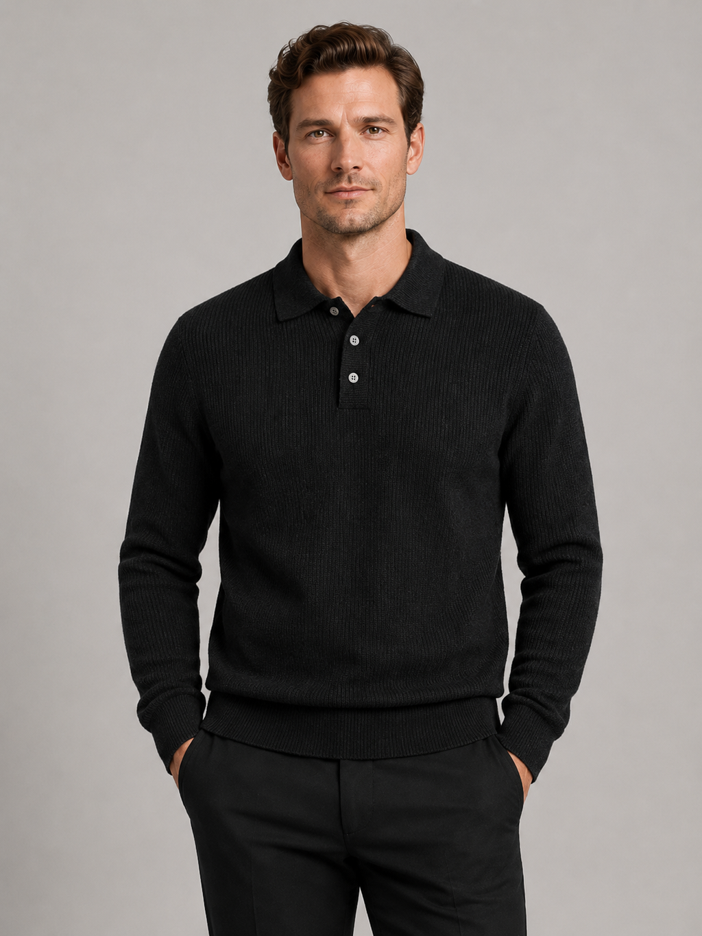 Men wearing black polo neck sweater solid color warm knit fall winter business casual style