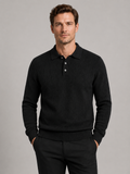 Men wearing black polo neck sweater solid color warm knit fall winter business casual style