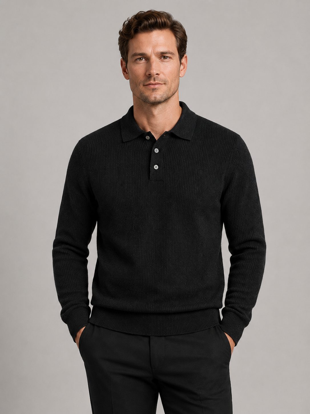 Men wearing black polo neck sweater solid color warm knit fall winter business casual style