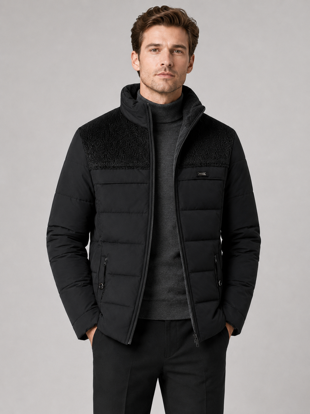 Men wearing black puffer jacket plush lined thick warm stand collar winter outdoor style