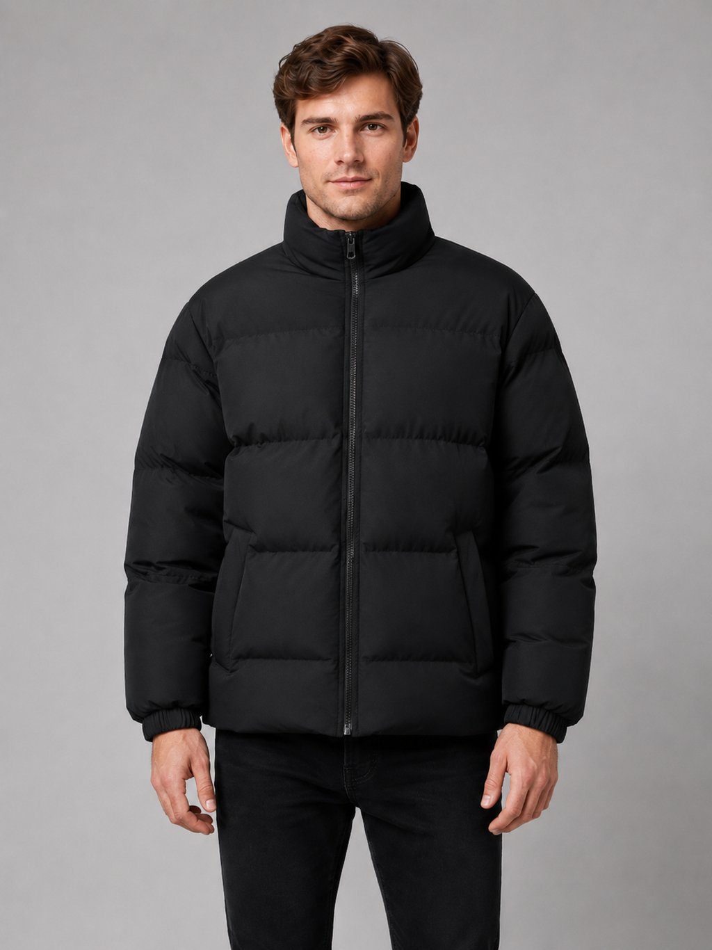Men wearing black puffer jacket stand collar thick warm winter outdoor casual style