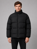 Men wearing black puffer jacket stand collar thick warm winter outdoor casual style