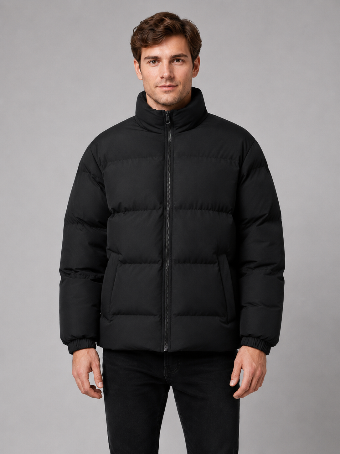 Men wearing black puffer jacket stand collar thick warm winter outdoor casual style