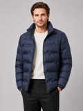 Men wearing blue white duck down puffer jacket thick warm stand collar winter outdoor style