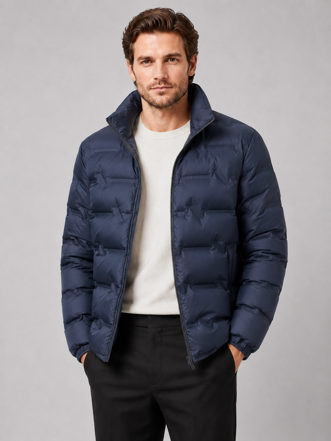Men wearing blue white duck down puffer jacket thick warm stand collar winter outdoor style