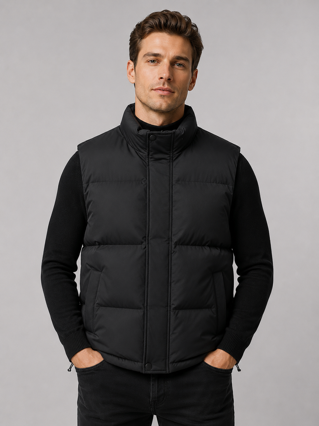 Front view of a man wearing a black puffer vest with a thick insulated design, stand collar, and full zip front