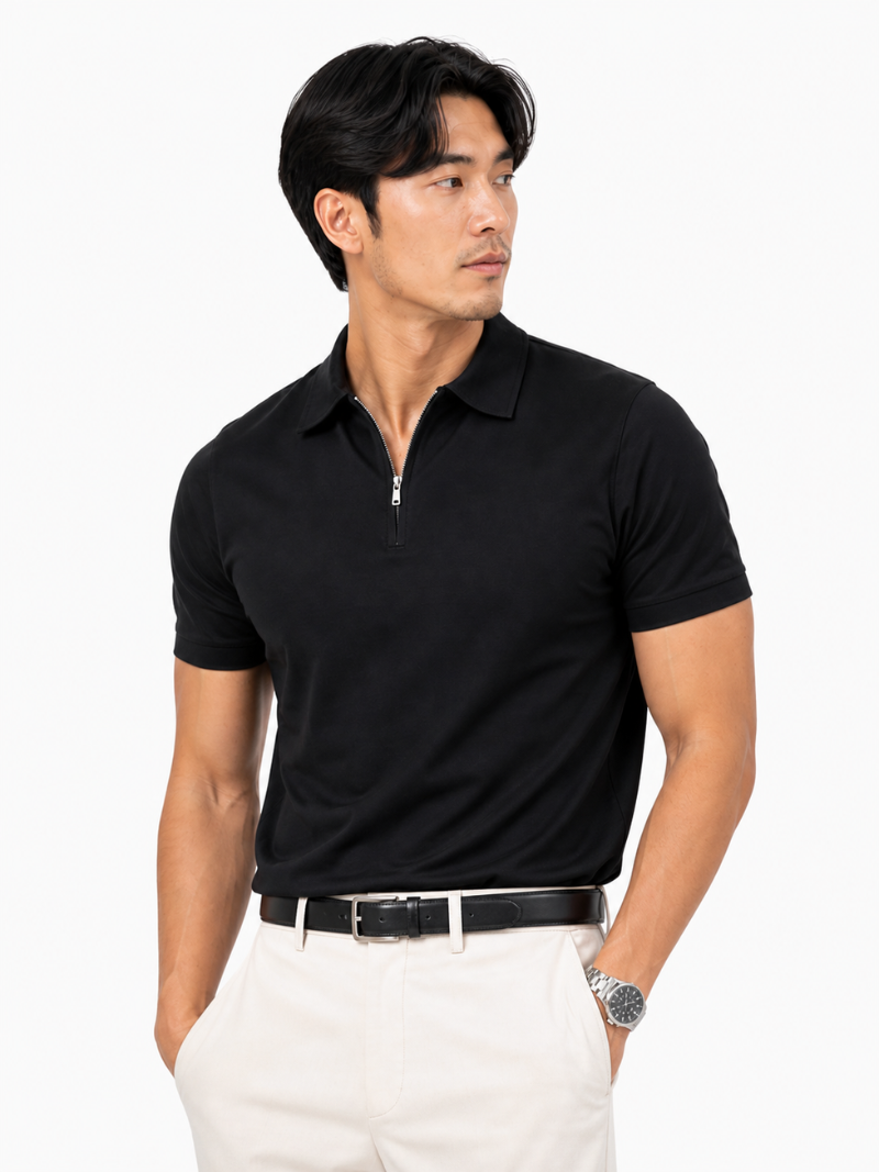 Men wearing black quarter zip polo shirt short sleeve lightweight breathable modern casual style