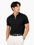 Men wearing black quarter zip polo shirt short sleeve lightweight breathable modern casual style