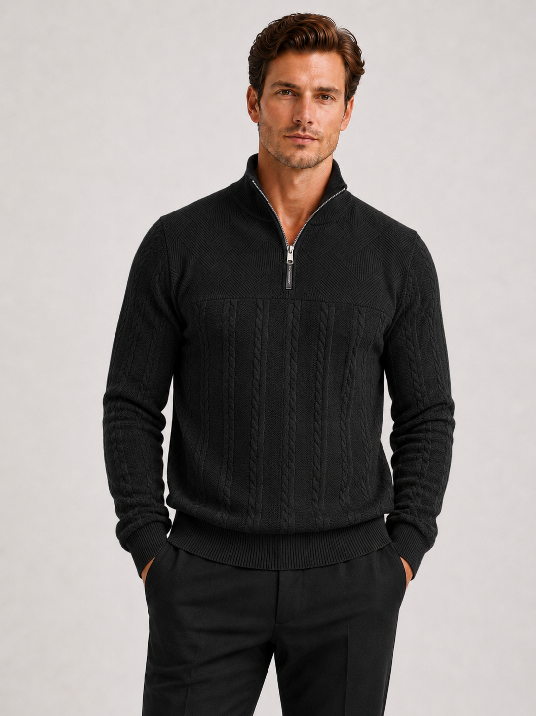 Men wearing black jacquard quarter zip sweater long sleeve warm fall winter casual style