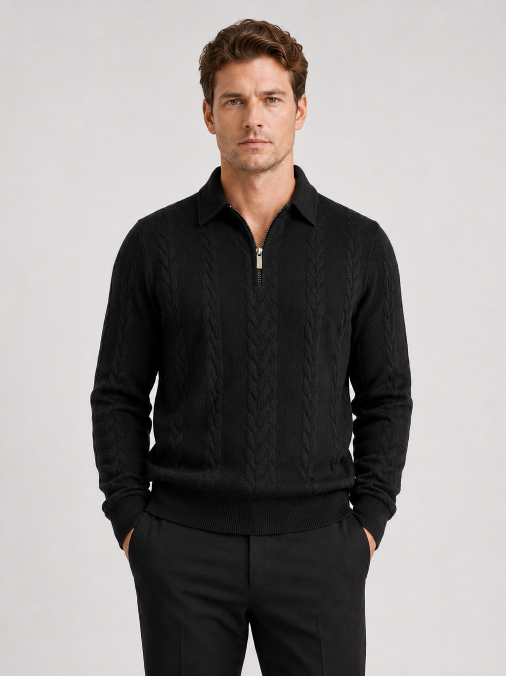 Men wearing black quarter zip sweater long sleeve turn down collar fall winter casual style
