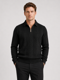 Men wearing black quarter zip sweater long sleeve turn down collar fall winter casual style