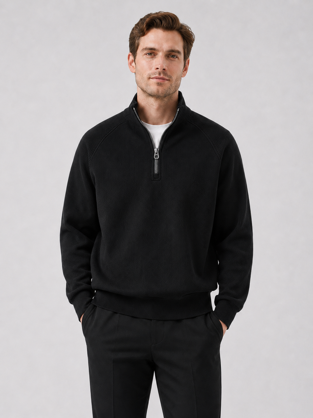 Men wearing black quarter zip sweater loose fit stand collar fall casual style