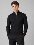 Men wearing black quarter zip sweater mock neck long sleeve knit fall winter business casual style