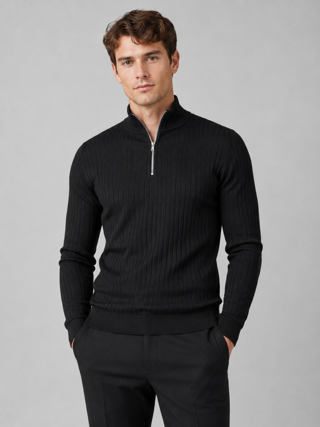Men wearing black quarter zip sweater mock neck long sleeve knit fall winter business casual style