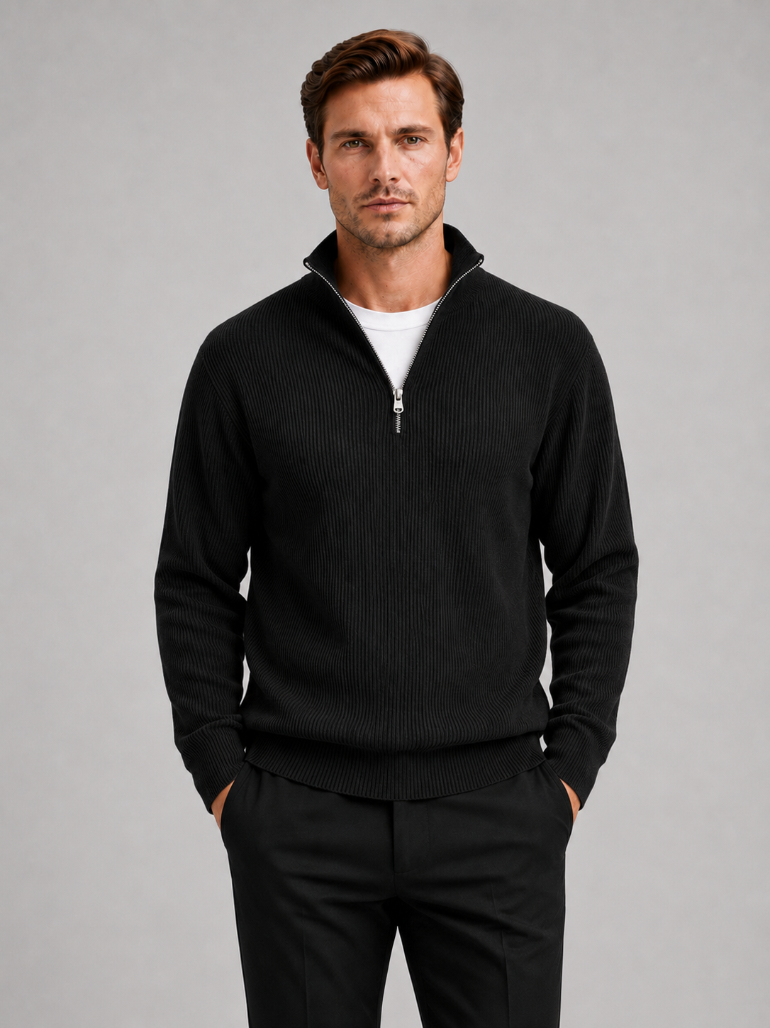 Men wearing black ribbed quarter zip sweater stand collar long sleeve fall winter business casual style