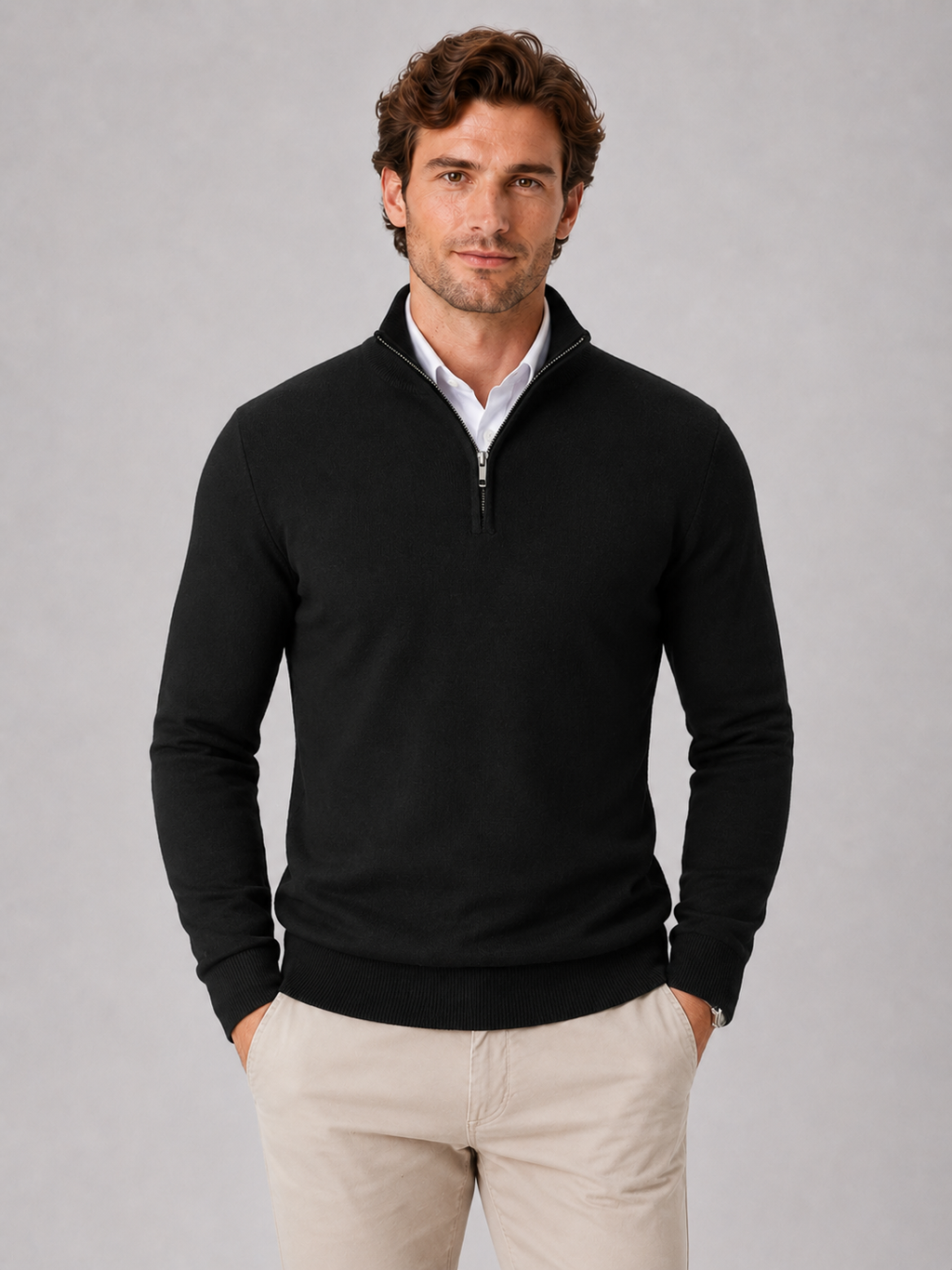 Men wearing black quarter zip sweater slim fit lightweight mock neck spring fall casual style