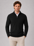 Men wearing black quarter zip sweater slim fit lightweight mock neck spring fall casual style