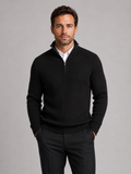 Front view of a man wearing a black slim fit quarter zip sweater with a mock neck and long sleeves