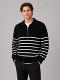 Men wearing black quarter zip sweater striped loose fit lightweight fall casual style
