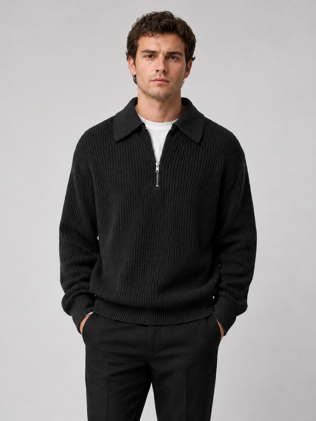 Men wearing black quarter zip sweater turn down collar long sleeve polo loose fit fall casual style