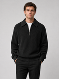 Men wearing black quarter zip sweater turn down collar long sleeve polo loose fit fall casual style