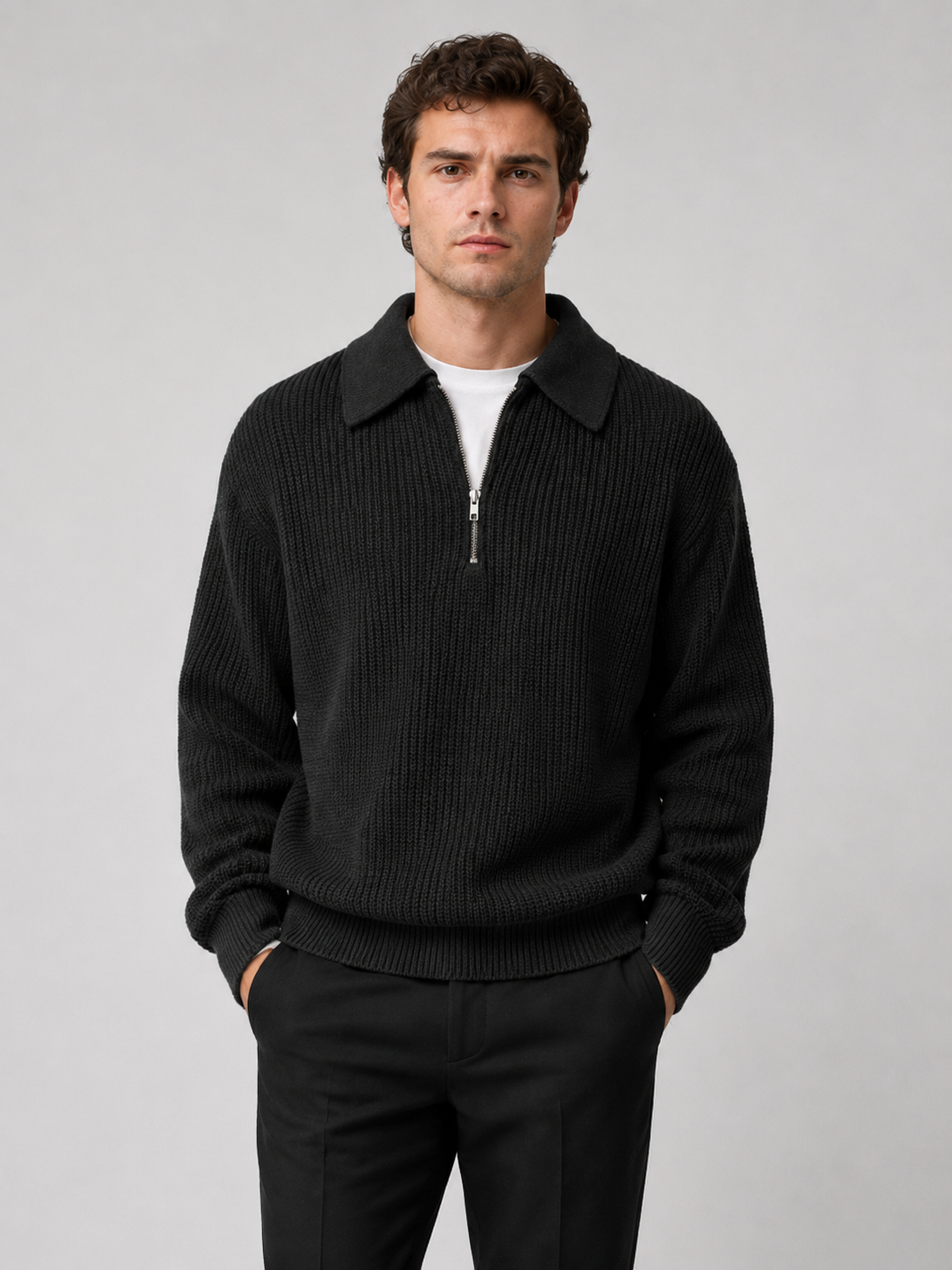 Men wearing black quarter zip sweater turn down collar long sleeve polo loose fit fall casual style