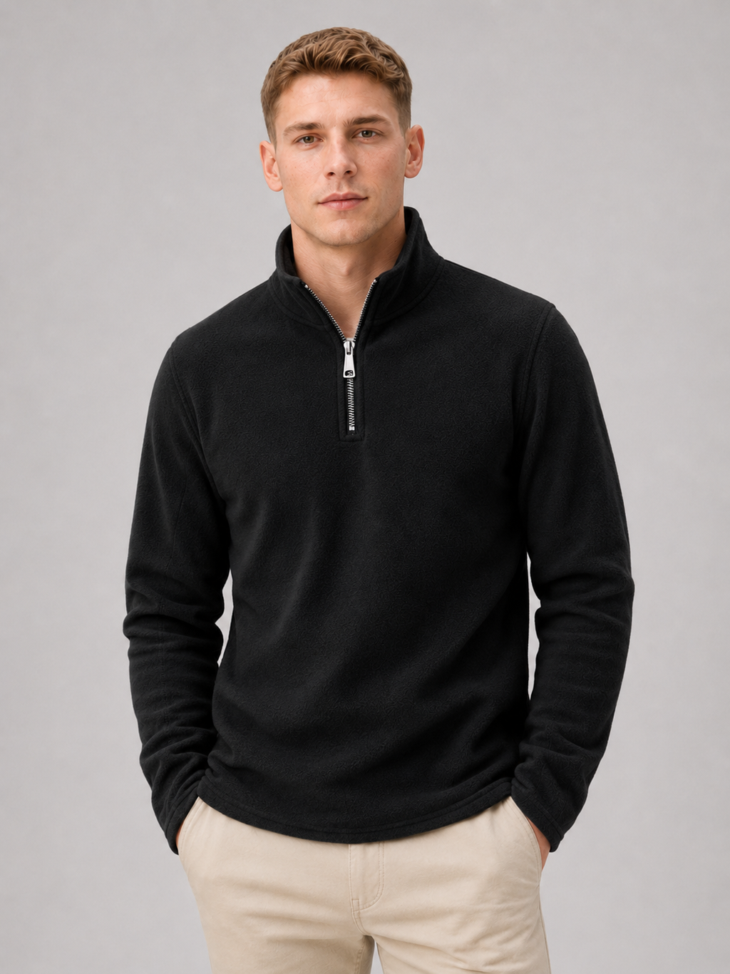 Men wearing black quarter zip fleece pullover thick warm winter casual outdoor style