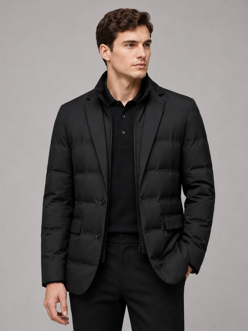 Men wearing black quilted jacket detachable stand collar warm winter business casual style