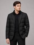 Men wearing black quilted jacket detachable stand collar warm winter business casual style