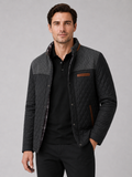 Men wearing black quilted jacket lightweight button down casual fall travel style