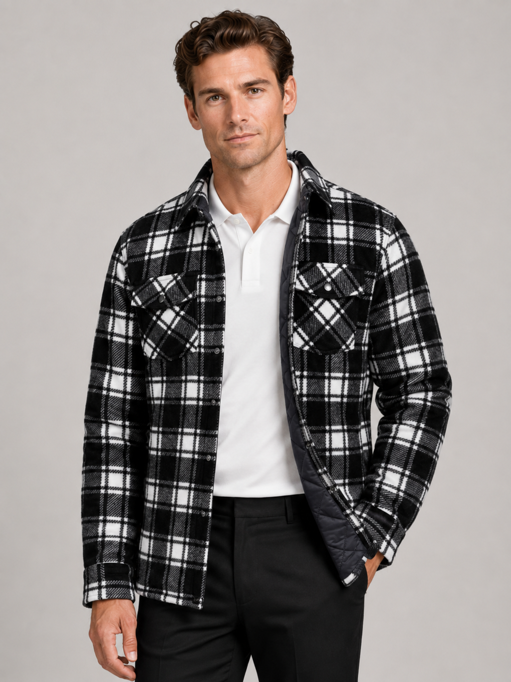 Men wearing black quilted jacket plaid flannel lined casual winter fall outdoor style