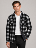 Men wearing black quilted jacket plaid flannel lined casual winter fall outdoor style