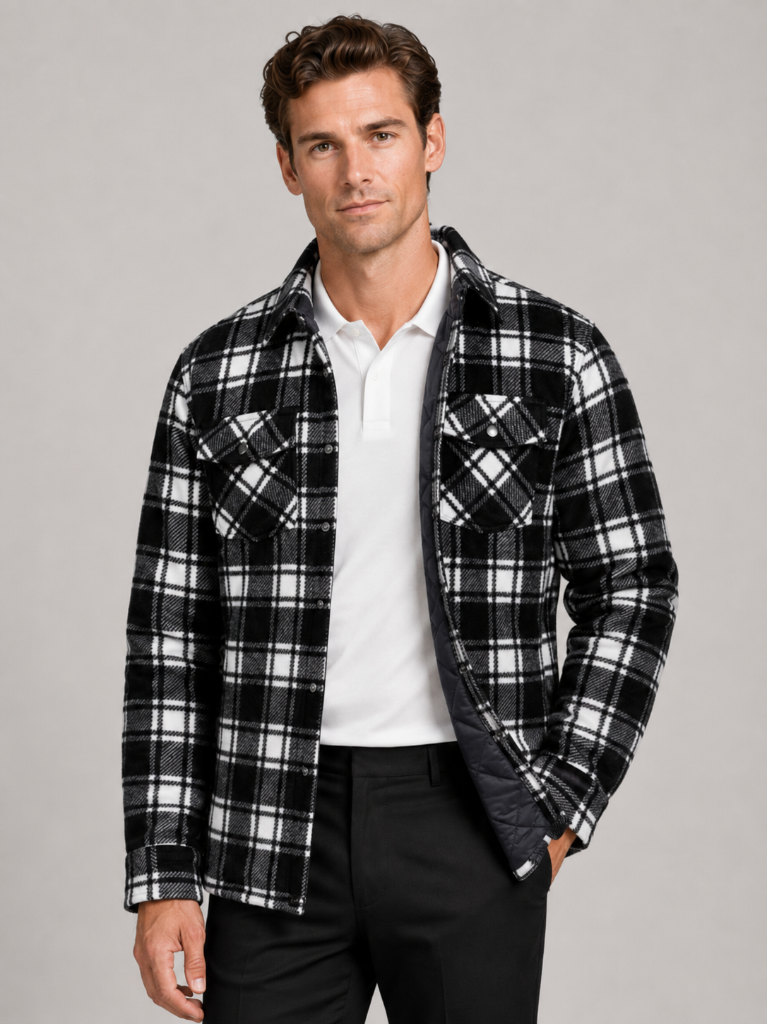 Men wearing black quilted jacket plaid flannel lined casual winter fall outdoor style