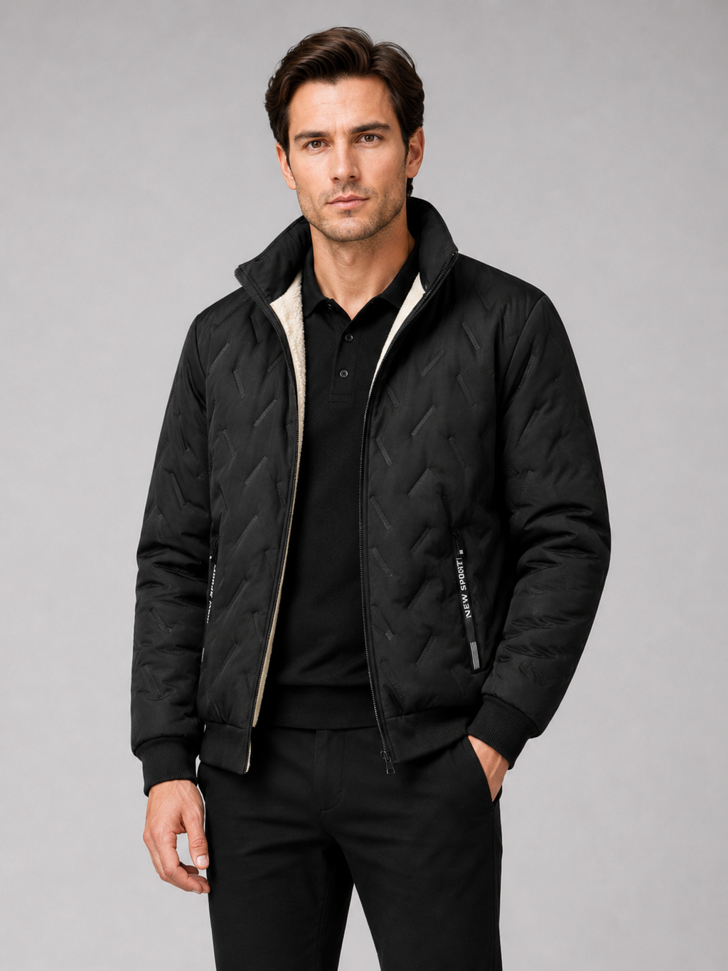 Men wearing black quilted jacket stand collar windproof warm winter outdoor casual style