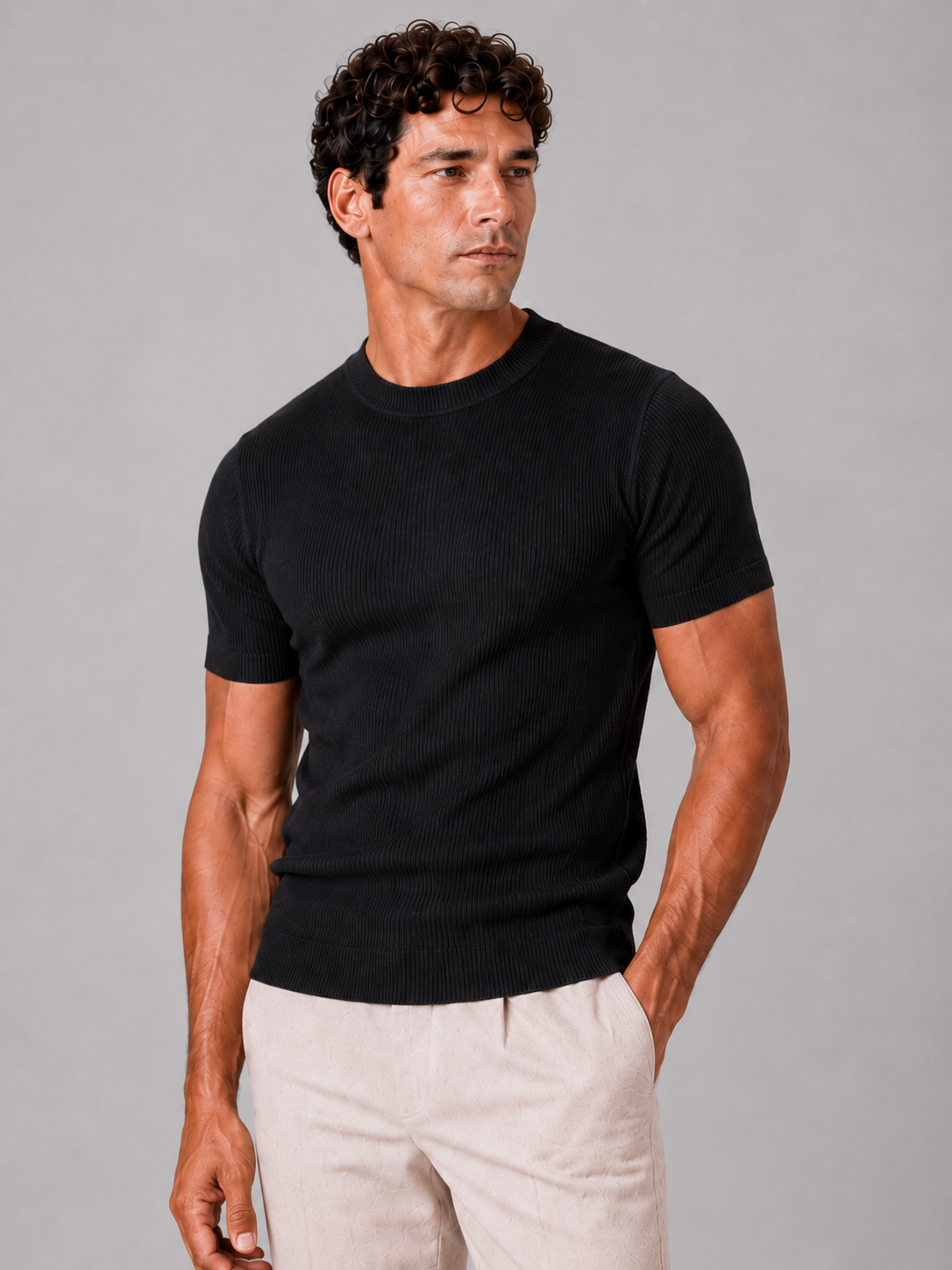 Men wearing black ribbed fit t shirt crew neck stretch short sleeve summer style