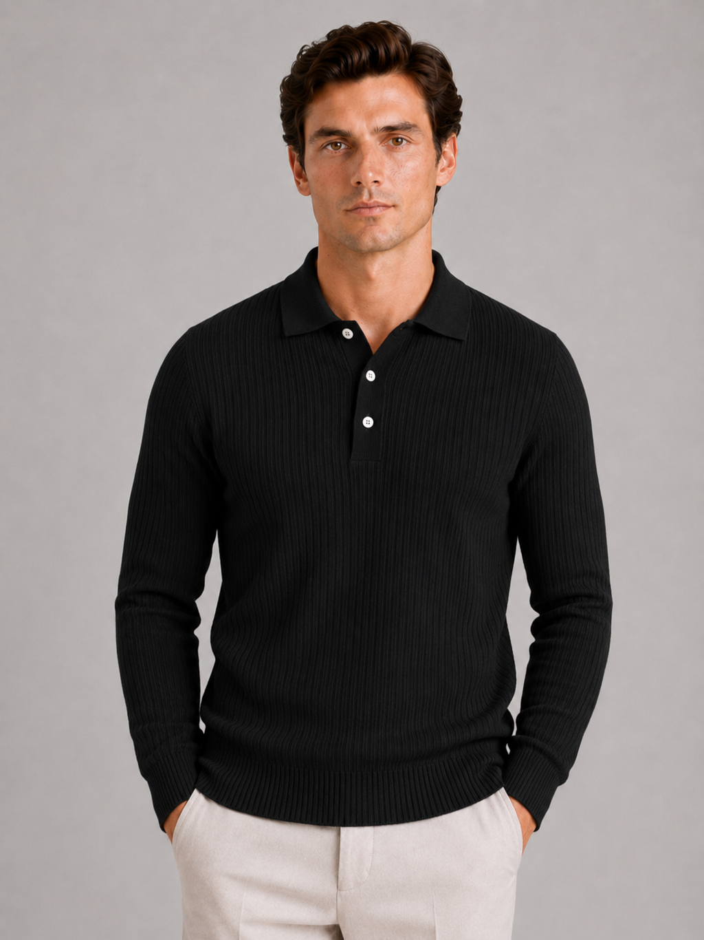 Men wearing black ribbed long sleeve polo shirt lightweight casual business style