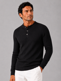 Men wearing black ribbed stripe long sleeve henley polo shirt slim fit autumn winter style