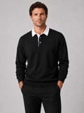 Men wearing black rugby polo long sleeve loose fit knit fall business casual style
