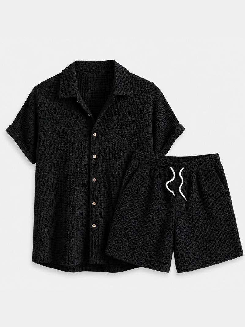 Black two piece shirt and shorts set for men relaxed casual outfit soft breathable fabric