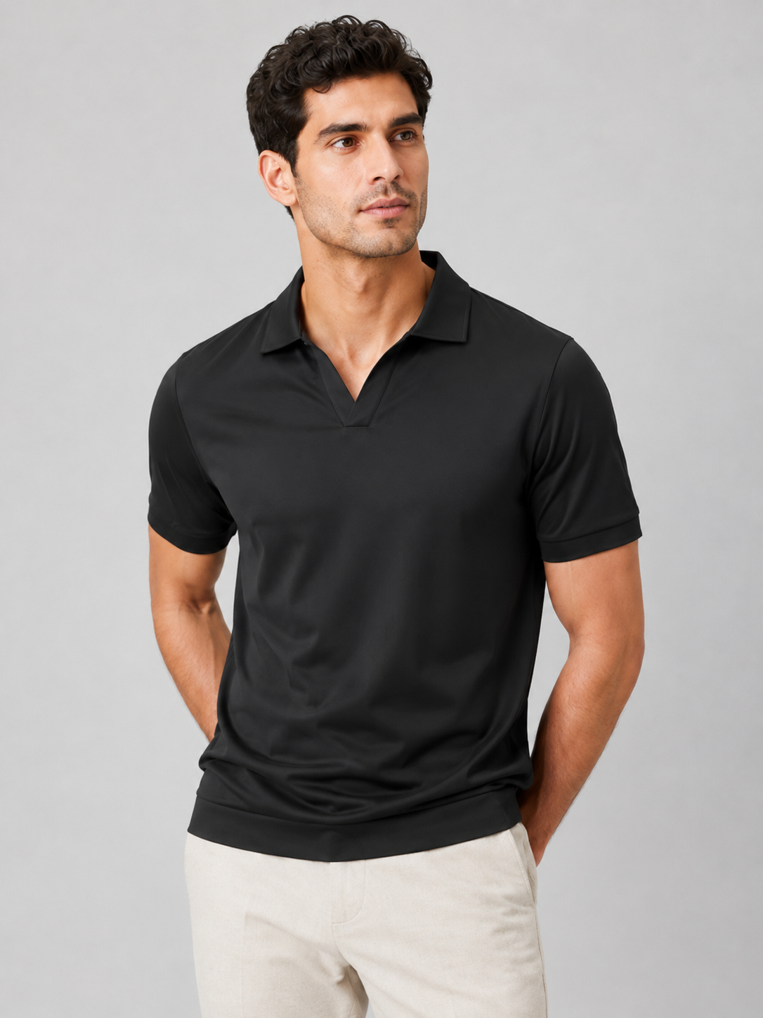 Men wearing black silky touch polo shirt breathable soft summer business casual style