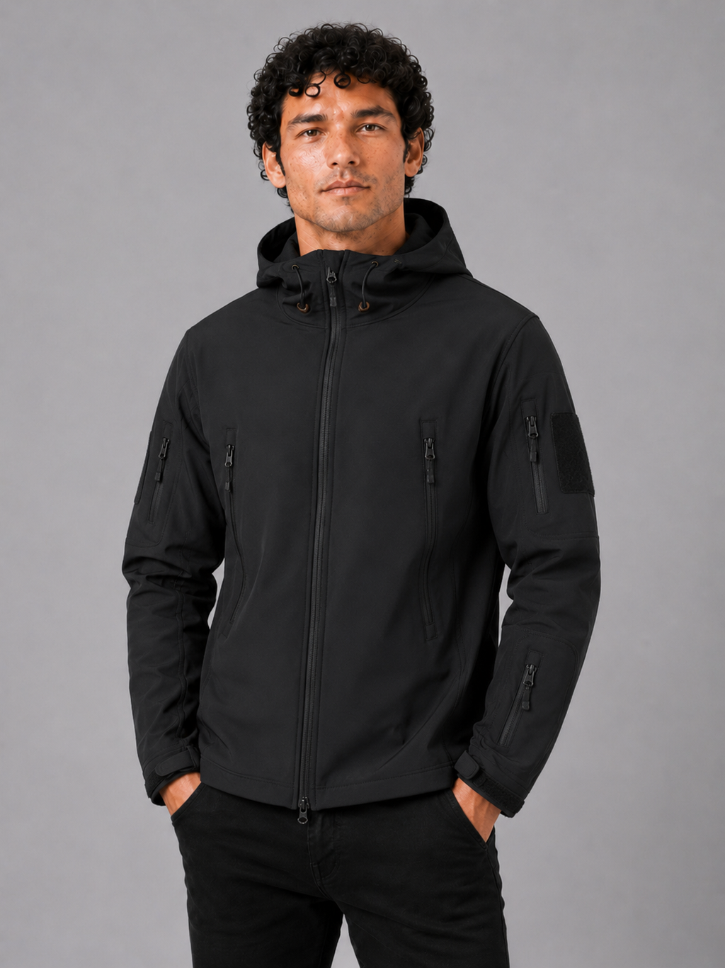 Men wearing black soft shell tactical jacket windproof waterproof hooded outdoor work style