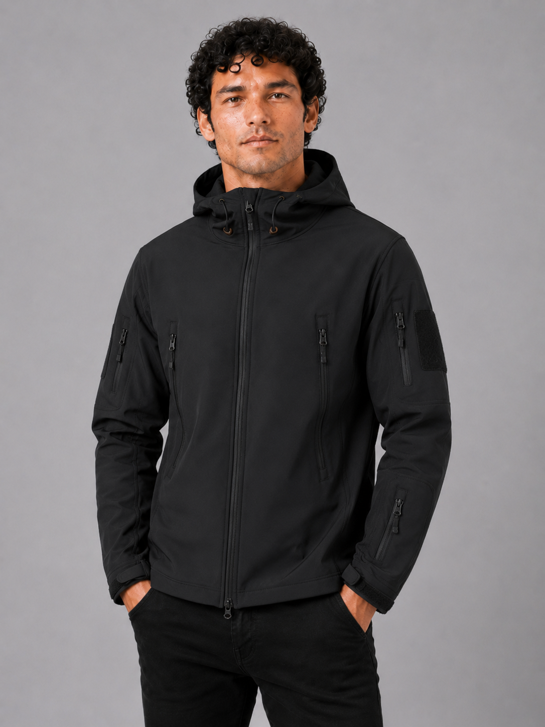 Men wearing black soft shell tactical jacket windproof waterproof hooded outdoor work style