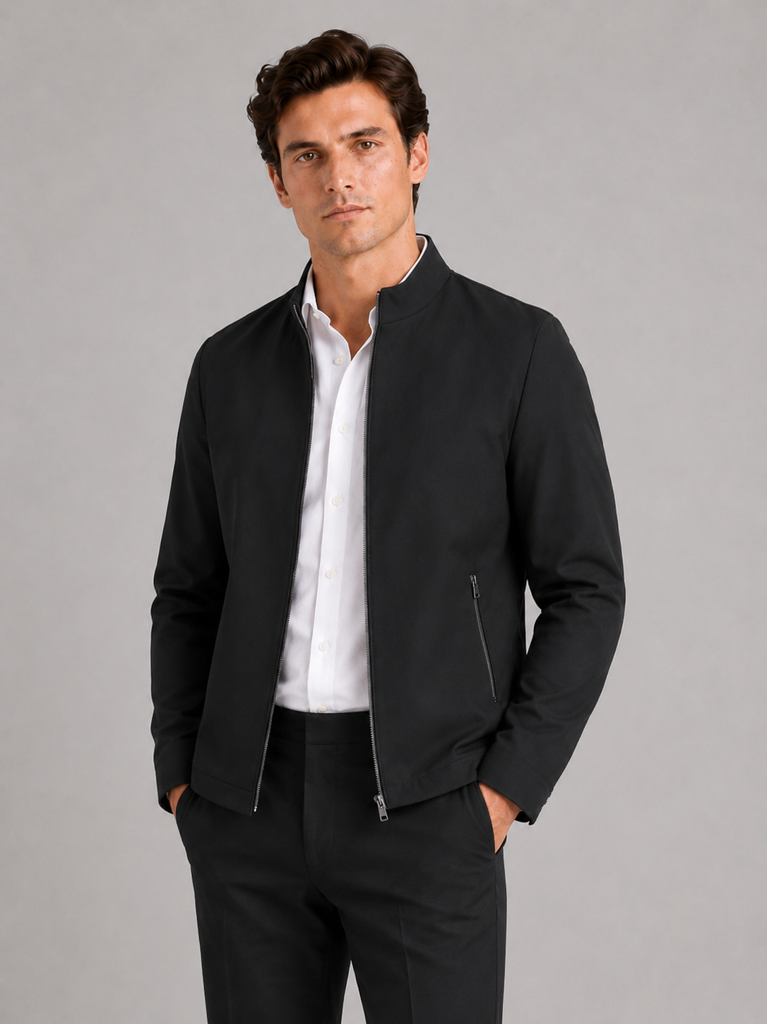 Men wearing black stand collar fall jacket wear resistant casual workwear style for business commuting