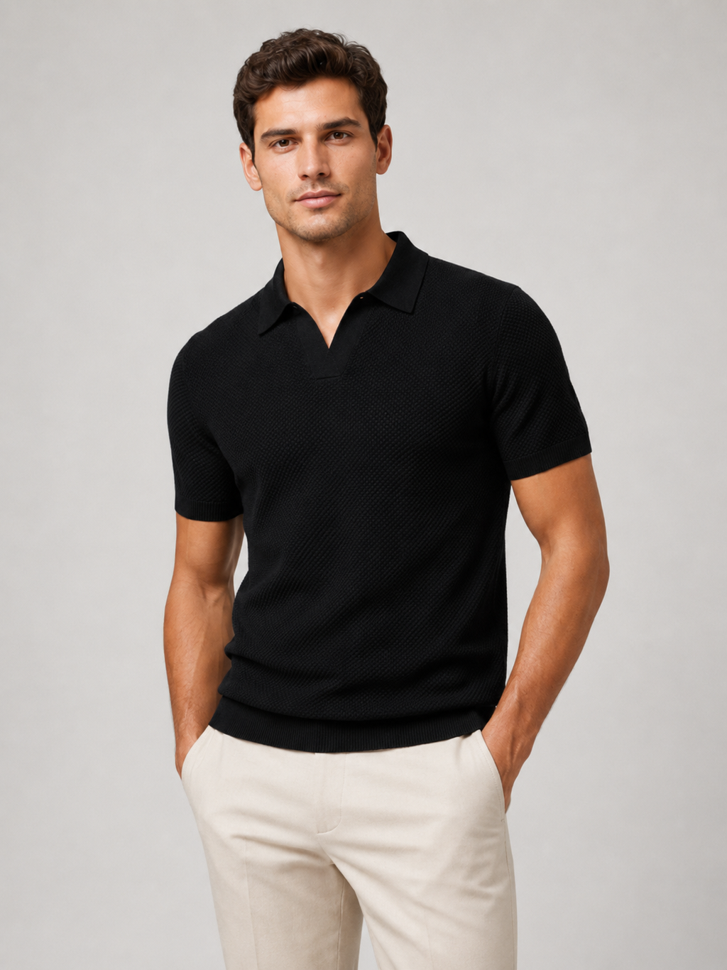 Men wearing black knit polo shirt lightweight breathable stretch short sleeve summer style