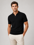 Men wearing black knit polo shirt lightweight breathable stretch short sleeve summer style