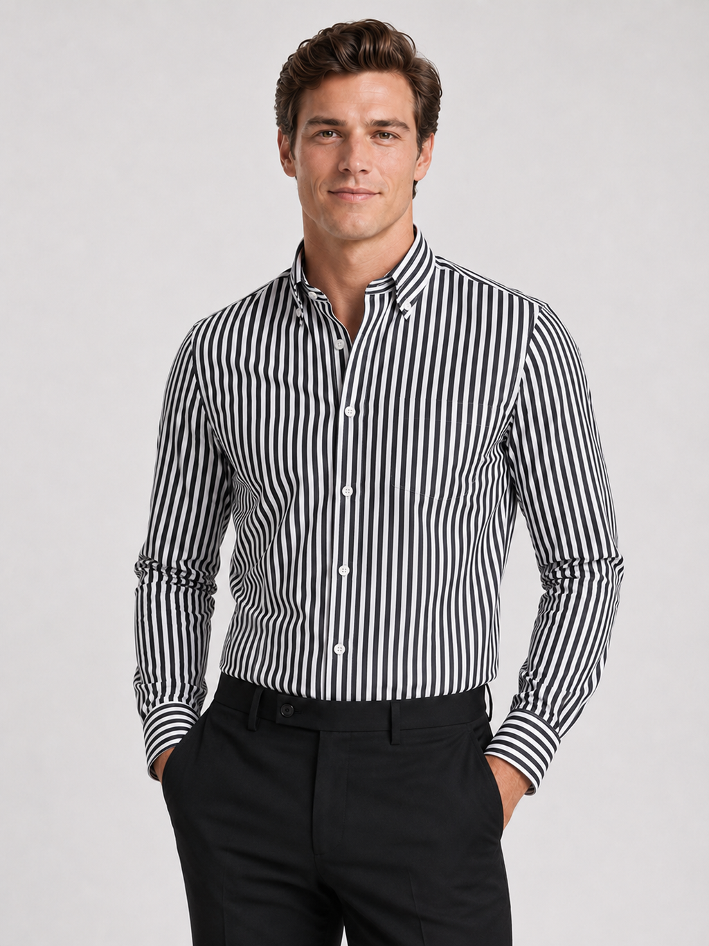 Men wearing black striped button down long sleeve shirt slim fit business casual office style